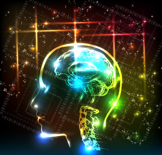 the human energy mind, illustrated with a photo of the skull all lite up in various bright colors against a black background