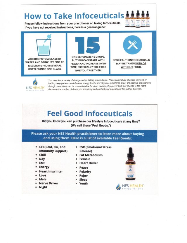 a photo of a marketing postcare from NES Bioenergetics reproduced with permission with instructions on how to take the NES Infoceuticals and listing all of the available NES Feel Good Infoceuticals