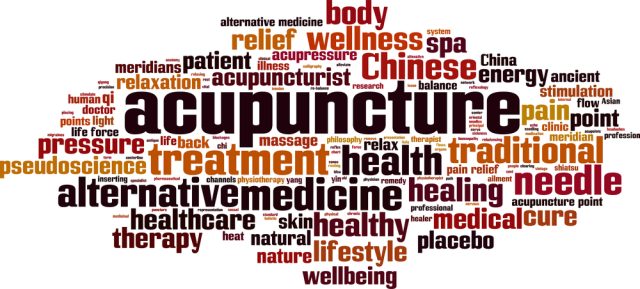 acupuncture a large collague with all of the qualities of acupuncture in the background with the word Acupuncture in the middle done is various colors of brown and red