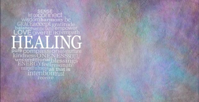 A colleague of words related to Healing with a background of various pastel colors with the word Healing in very large letters in white