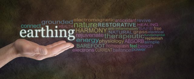 a graphic design with the main words earthing with smaller words in the background listing the qualities and benefits of earthing and grounding